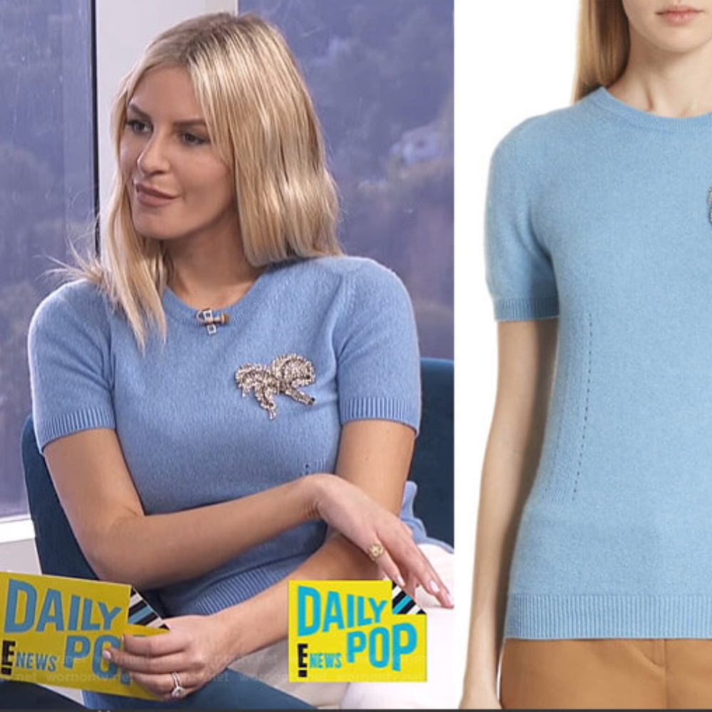 No. 21 Orange Short-Sleeve Knit Cashmere Embellished Top with Brooch M